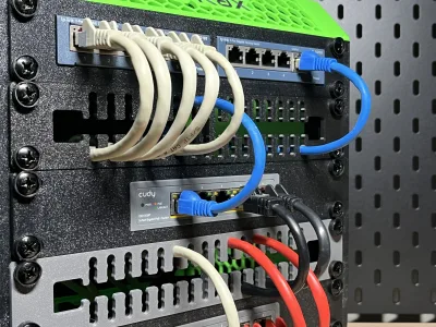 Close-up of the fitted panel, pale and blue patch cables sitting in the slots