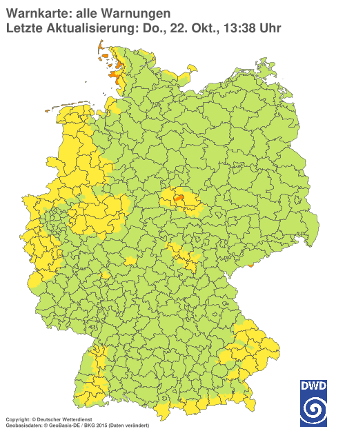 Warnkarte des Deutschen Wetterdienstes auf Gemeindeebene, eingefärbt nach Warnstufe. Grün bedeutet: keine Warnung.